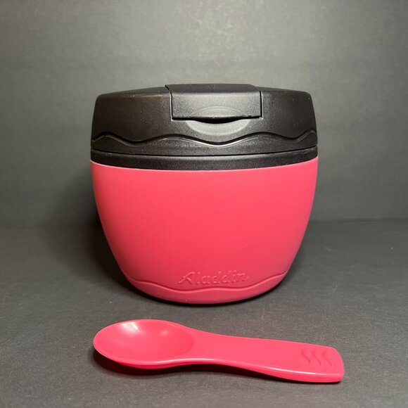 Vintage Aladdin Pink Black Thermos Soup Bowl Container w Spoon Slot & Spoon 12oz - Picture 2 of 8